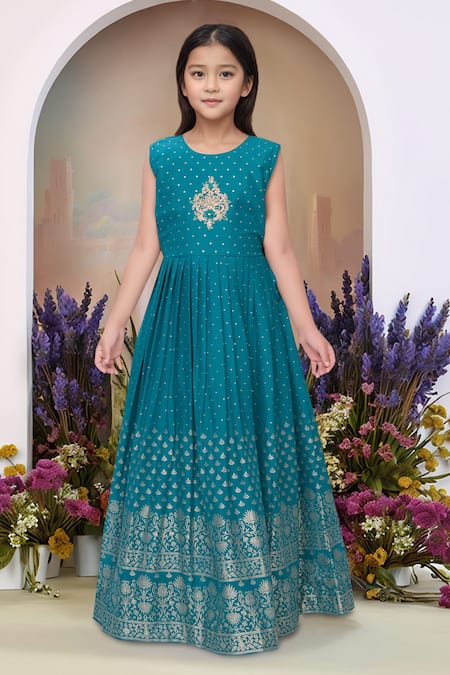 Buy_Petite Pomme_Blue Satin, Polyester Tassels Printed Gown And Jacket Set_Online_at_Aza_Fashions