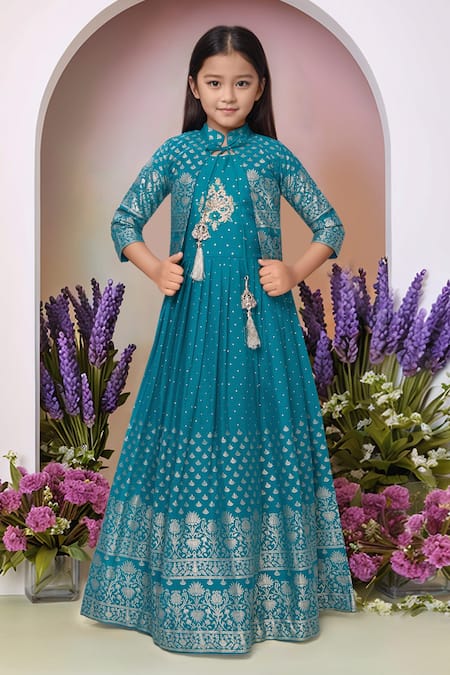 Shop_Petite Pomme_Blue Satin, Polyester Tassels Printed Gown And Jacket Set_Online_at_Aza_Fashions