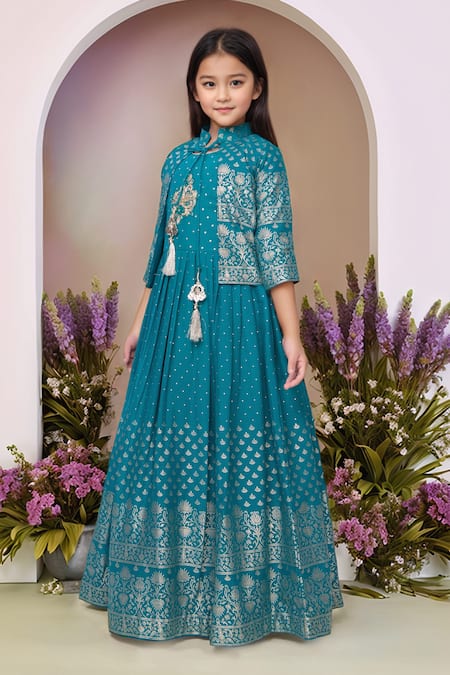 Petite Pomme_Blue Satin, Polyester Tassels Printed Gown And Jacket Set_at_Aza_Fashions