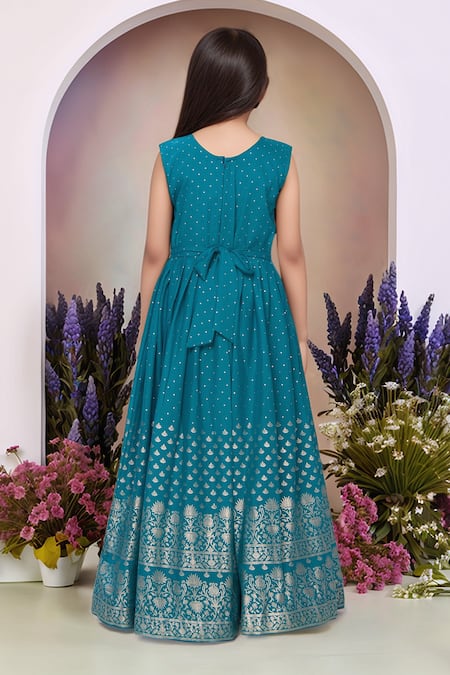 Buy_Petite Pomme_Blue Satin, Polyester Tassels Printed Gown And Jacket Set
