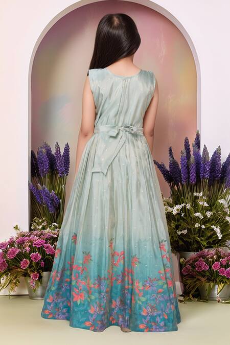 Petite Pomme_Green Satin, Polyester Mirrors, Embroidery Printed Gown And Jacket Set_Online_at_Aza_Fashions