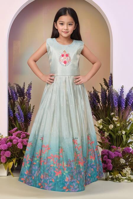 Buy_Petite Pomme_Green Satin, Polyester Mirrors, Embroidery Printed Gown And Jacket Set_Online_at_Aza_Fashions