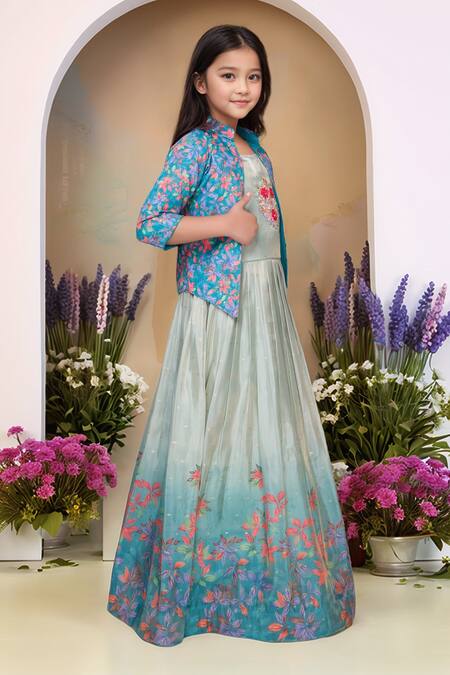 Shop_Petite Pomme_Green Satin, Polyester Mirrors, Embroidery Printed Gown And Jacket Set_Online_at_Aza_Fashions