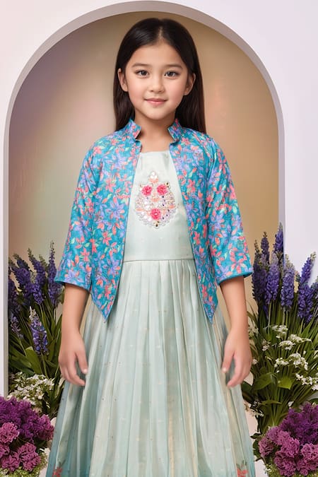 Petite Pomme_Green Satin, Polyester Mirrors, Embroidery Printed Gown And Jacket Set_at_Aza_Fashions