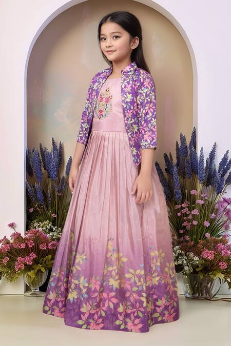 Petite Pomme_Lavender Satin, Polyester Embroidery, Mirrors Printed Gown And Jacket Set _Online_at_Aza_Fashions