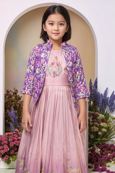 Shop_Petite Pomme_Lavender Satin, Polyester Embroidery, Mirrors Printed Gown And Jacket Set _Online_at_Aza_Fashions