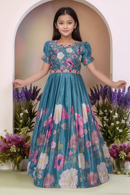 Petite Pomme Teal Polyester Embroidery Floral Print Gown  