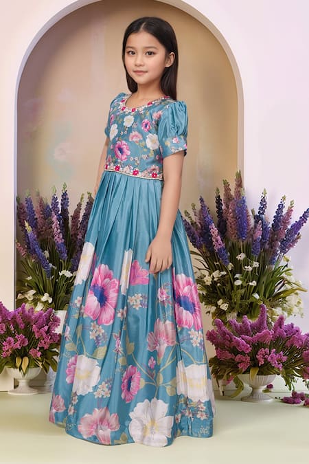 Petite Pomme_Teal Polyester Embroidery Floral Print Gown_Online_at_Aza_Fashions