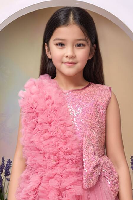 Petite Pomme_Pink Net Brooches Rose Designer Gown_Online_at_Aza_Fashions