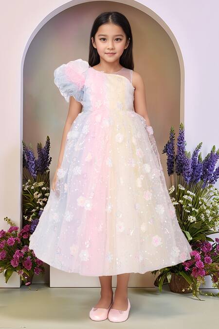 Petite Pomme_Multi Color Net Sequins Multicolor Flower Broach Gown_Online_at_Aza_Fashions