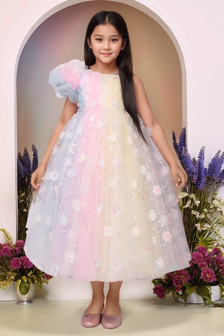 Petite Pomme Multi Color Net Sequins Multicolor Flower Broach Gown 