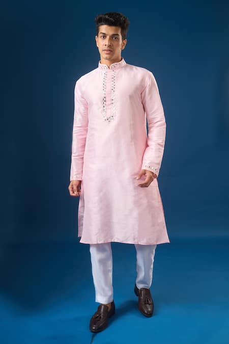 Shop Arihant Rai Sinha Pink Silk Embroidery Light Lucknowi Kurta Set Shop_Arihant Rai Sinha_Pink Silk Embroidery Light Lucknowi Kurta Set