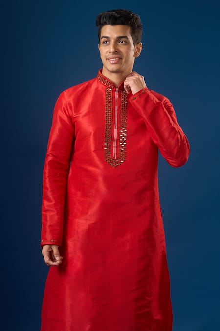Buy_Arihant Rai Sinha_Red Silk Embroidery Lucknowi Kurta Set _Online_at_Aza_Fashions