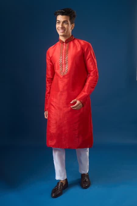 Buy_Arihant Rai Sinha_Red Silk Embroidery Lucknowi Kurta Set 