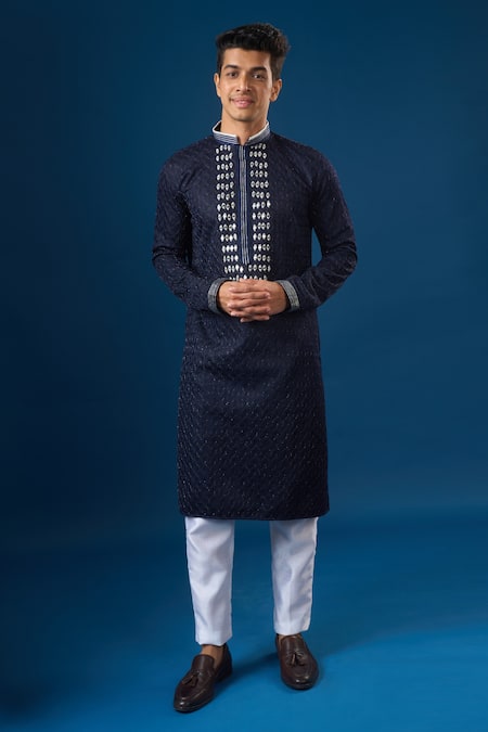 Shop_Arihant Rai Sinha_Blue Silk Embroidery Lucknowi Kurta Set _Online_at_Aza_Fashions