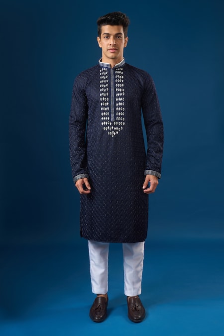 Arihant Rai Sinha_Blue Silk Embroidery Lucknowi Kurta Set _at_Aza_Fashions