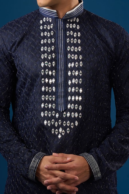Buy_Arihant Rai Sinha_Blue Silk Embroidery Lucknowi Kurta Set 