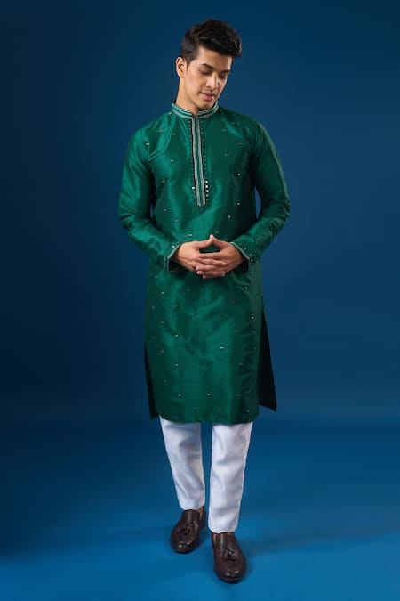 Shop_Arihant Rai Sinha_Green Silk Lucknowi Embroidered Kurta Set _Online_at_Aza_Fashions