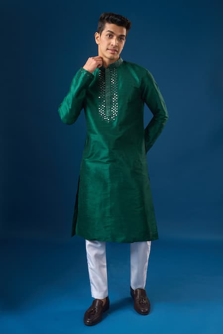 Buy_Arihant Rai Sinha_Green Silk Embroidery Lucknowi Kurta Set _Online_at_Aza_Fashions