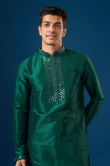 Shop_Arihant Rai Sinha_Green Silk Embroidery Lucknowi Kurta Set _Online_at_Aza_Fashions