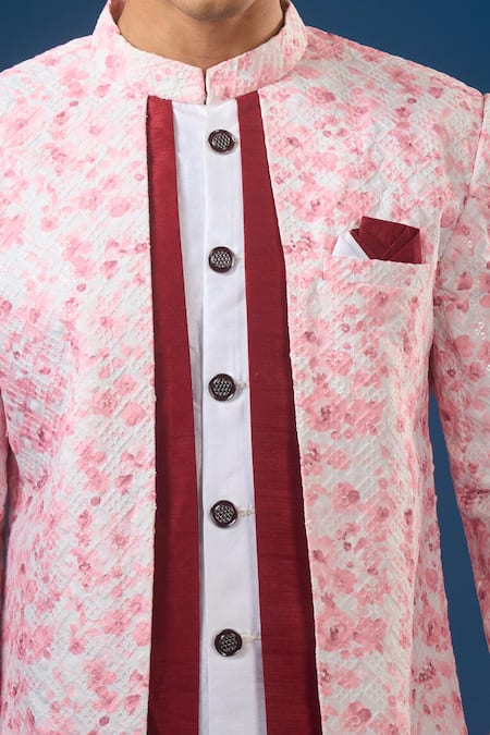 Buy_Arihant Rai Sinha_White Silk Floral Print Sherwani Set _Online_at_Aza_Fashions