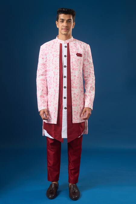 Buy_Arihant Rai Sinha_White Silk Floral Print Sherwani Set 