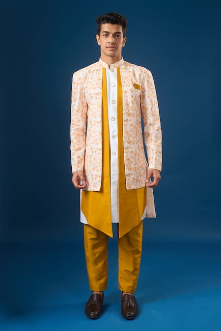 Buy_Arihant Rai Sinha_White Silk Lucknowi Print Sherwani Set _Online_at_Aza_Fashions
