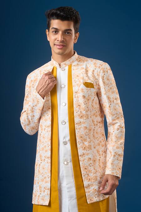Shop_Arihant Rai Sinha_White Silk Lucknowi Print Sherwani Set _Online_at_Aza_Fashions
