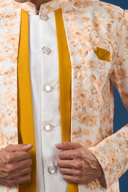 Arihant Rai Sinha_White Silk Lucknowi Print Sherwani Set _at_Aza_Fashions