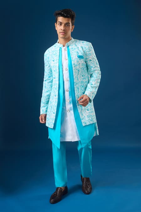 Arihant Rai Sinha Aqua Silk Embroidery Printed Sherwani Set
