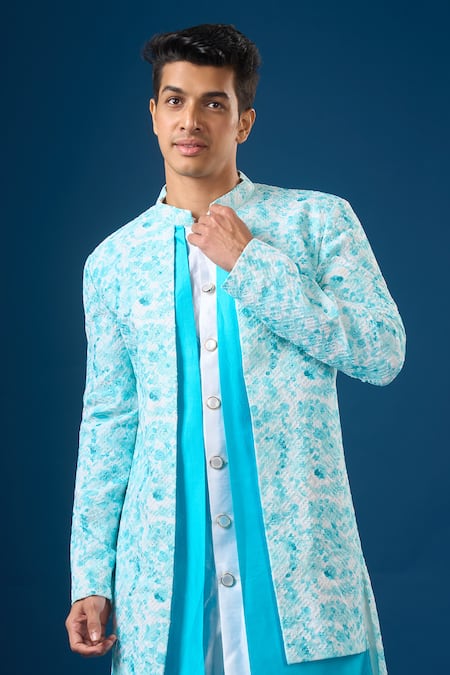 Shop_Arihant Rai Sinha_Aqua Silk Embroidery Printed Sherwani Set _Online_at_Aza_Fashions