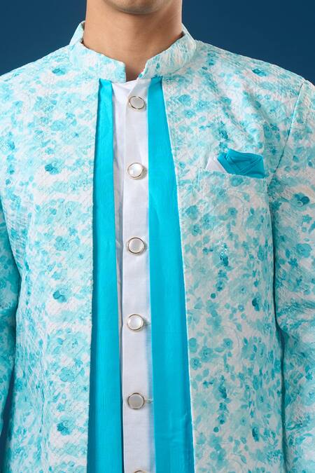 Arihant Rai Sinha_Aqua Silk Embroidery Printed Sherwani Set _at_Aza_Fashions