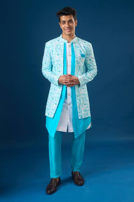 Buy_Arihant Rai Sinha_Aqua Silk Embroidery Printed Sherwani Set 