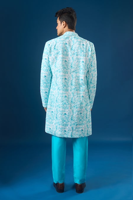 Arihant Rai Sinha_Aqua Silk Embroidery Printed Sherwani Set _Online_at_Aza_Fashions