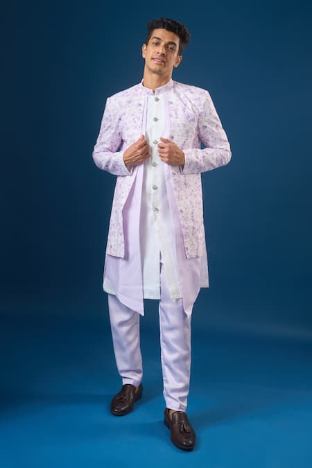 Buy_Arihant Rai Sinha_White Silk Embroidery And Purple Lucknowi Sherwani Set _Online_at_Aza_Fashions