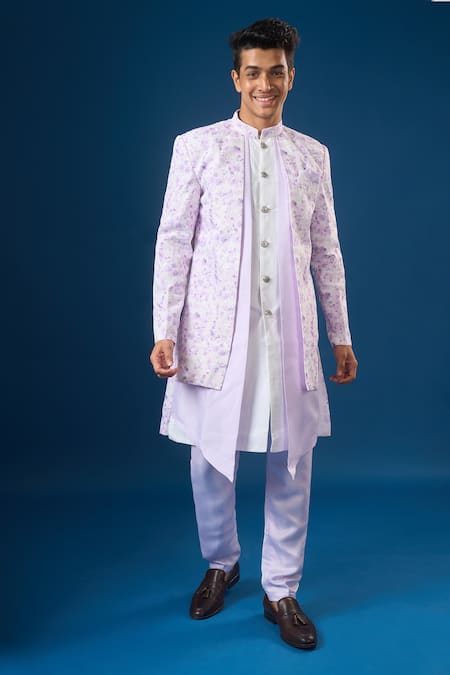 Arihant Rai Sinha White Silk Embroidery And Purple Lucknowi Sherwani Set 