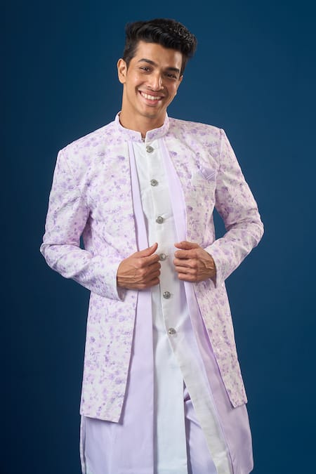 Arihant Rai Sinha_White Silk Embroidery And Purple Lucknowi Sherwani Set _at_Aza_Fashions