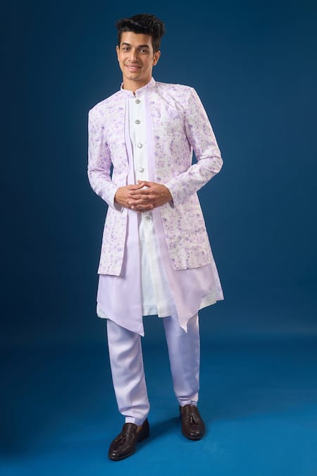 Buy_Arihant Rai Sinha_White Silk Embroidery And Purple Lucknowi Sherwani Set 