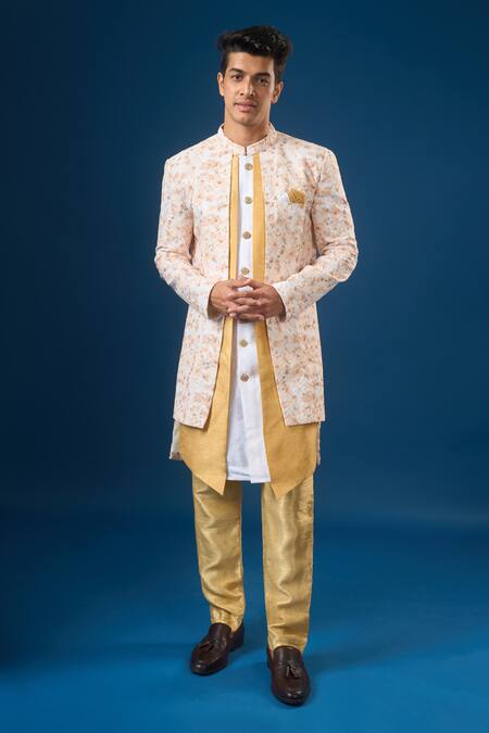 Shop_Arihant Rai Sinha_White Silk Lucknowi Print Sherwani Set _Online_at_Aza_Fashions
