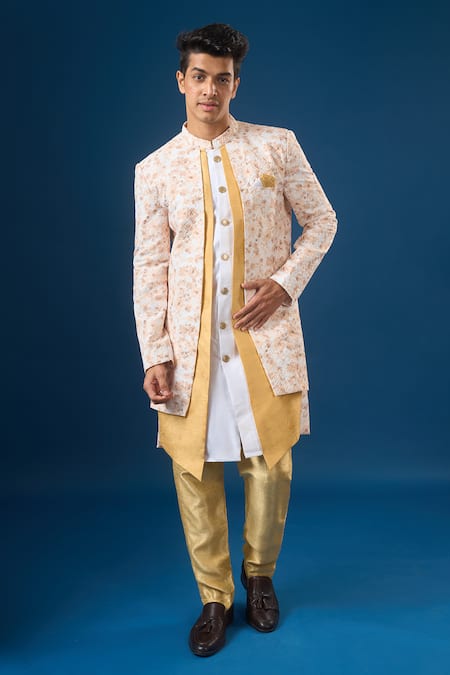 Arihant Rai Sinha White Silk Lucknowi Print Sherwani Set
