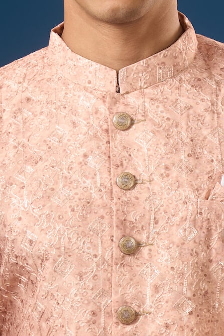 Buy_Arihant Rai Sinha_Peach Silk Embroidery Lucknowi Sherwani Set _Online_at_Aza_Fashions