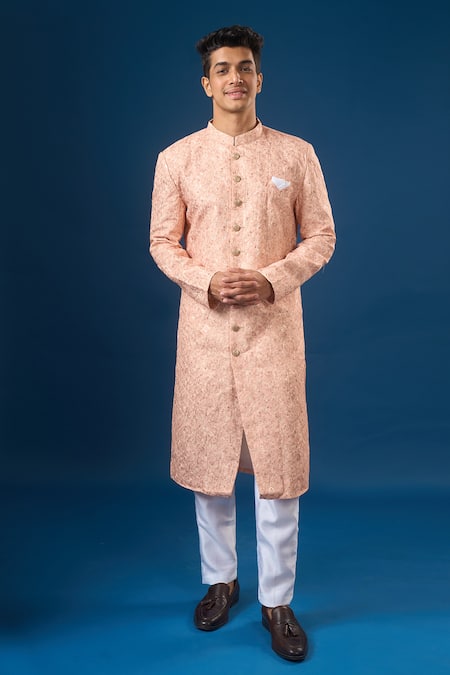Arihant Rai Sinha_Peach Silk Embroidery Lucknowi Sherwani Set _at_Aza_Fashions