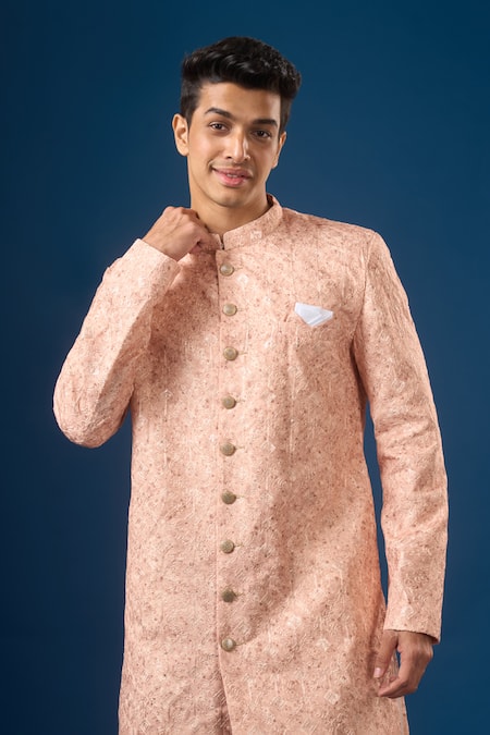 Buy_Arihant Rai Sinha_Peach Silk Embroidery Lucknowi Sherwani Set 