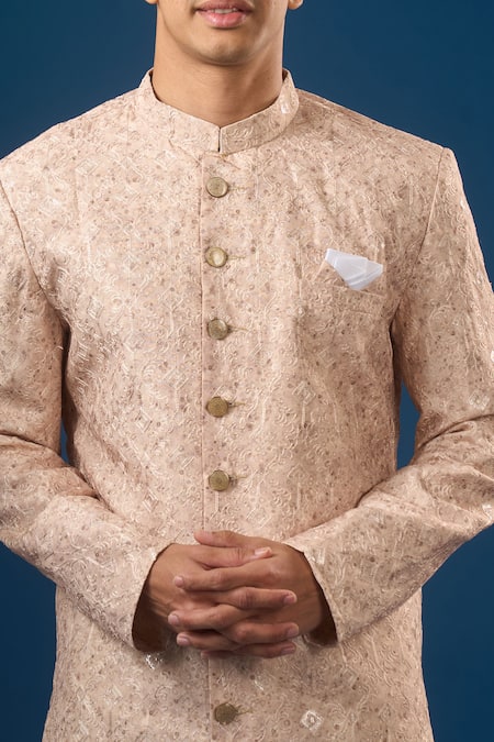 Arihant Rai Sinha_Peach Silk Embroidery Lucknowi Sherwani Set _at_Aza_Fashions