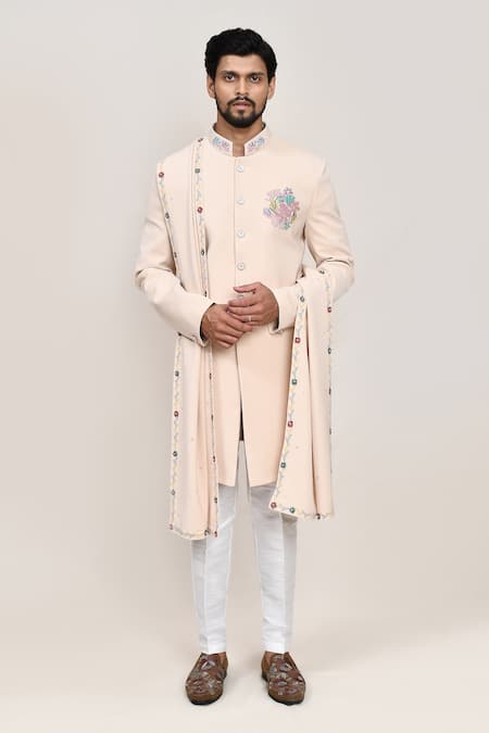 Shop_Arihant Rai Sinha_Cream Embroidery Sherwani Set _Online_at_Aza_Fashions