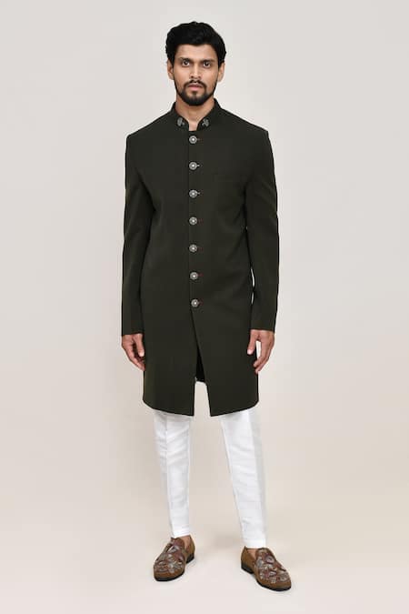 Arihant Rai Sinha Green Terry Rayon Sherwani & White Pant 