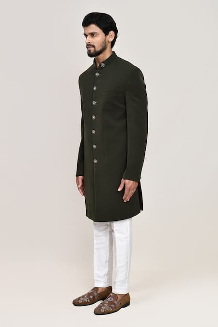 Arihant Rai Sinha_Green Terry Rayon Sherwani And White Pant _at_Aza_Fashions