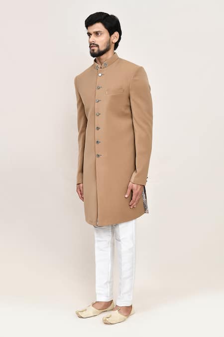 Shop_Arihant Rai Sinha_Chocolate Chikoo Sherwani And White Pant Set _Online_at_Aza_Fashions