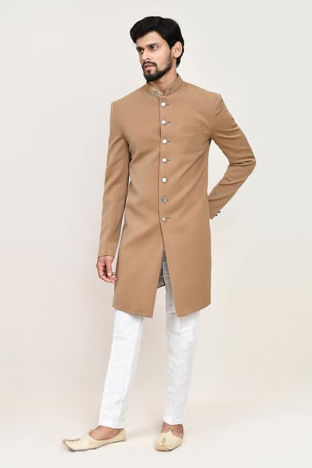 Arihant Rai Sinha_Chocolate Chikoo Sherwani And White Pant Set _at_Aza_Fashions