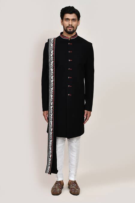 Arihant Rai Sinha_Black Embroidery Sherwani Set With White Pant _Online_at_Aza_Fashions